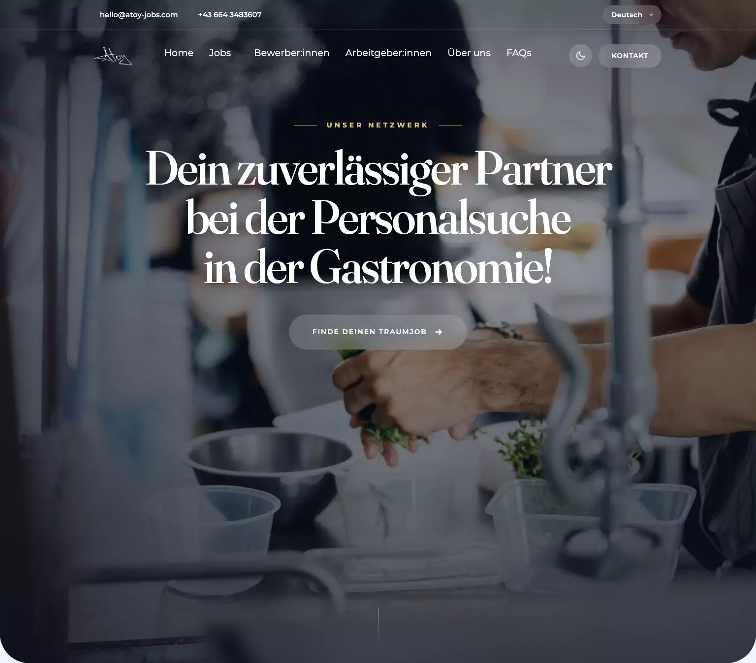 New website for a hospitality staffing agency: Atoy Jobs home page with a cook in the kitchen, web design reference job board