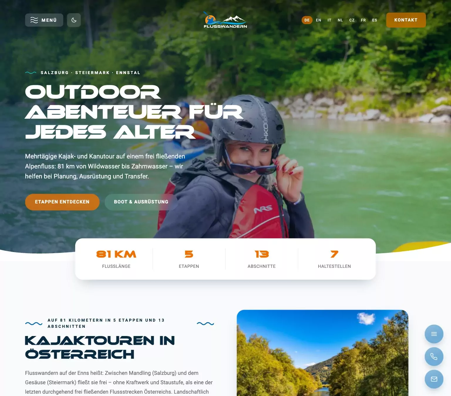 Neue Website für Kajaktouren und Flusswandern auf der Enns: Startseite mit Kajakfahrerin im Helm, Webdesign-Referenz Ennstal