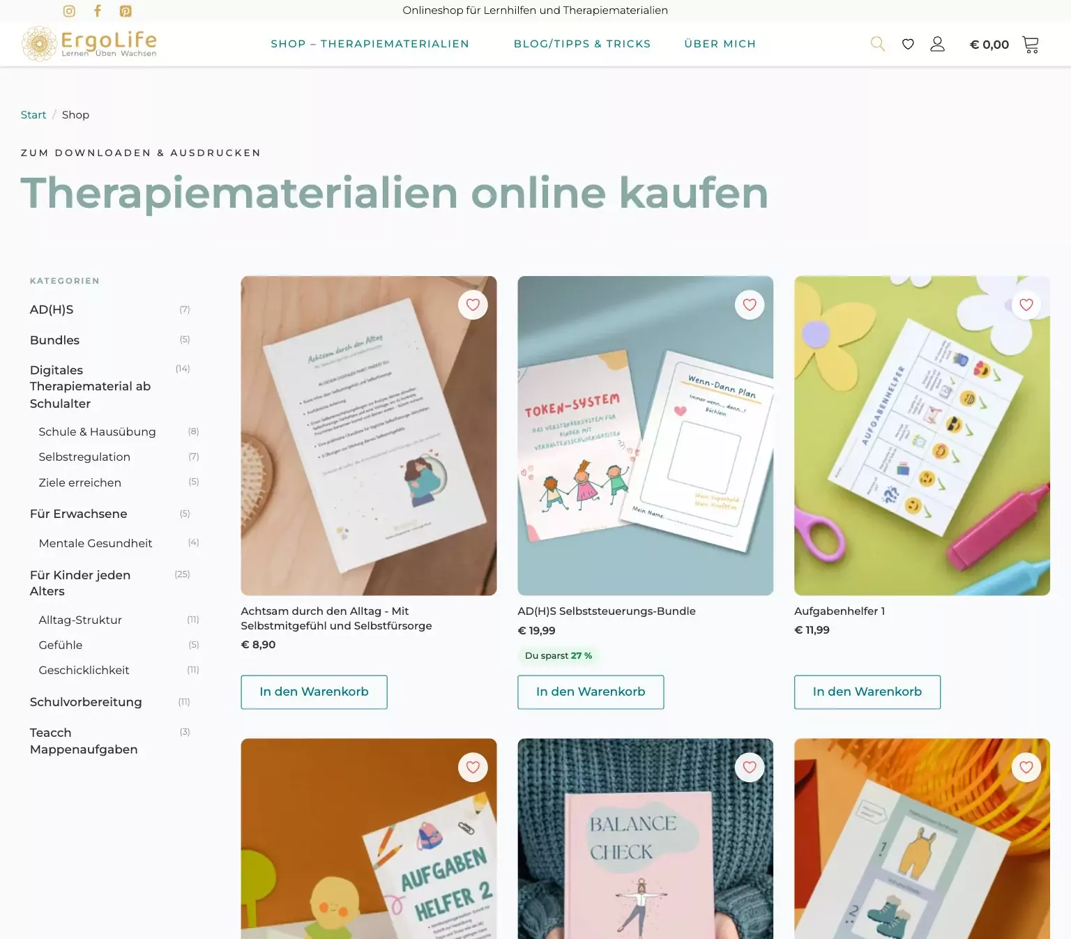 Onlineshop Therapiematerialien: Produktliste mit Kategorien und Warenkorb, WooCommerce-Shop erstellen lassen