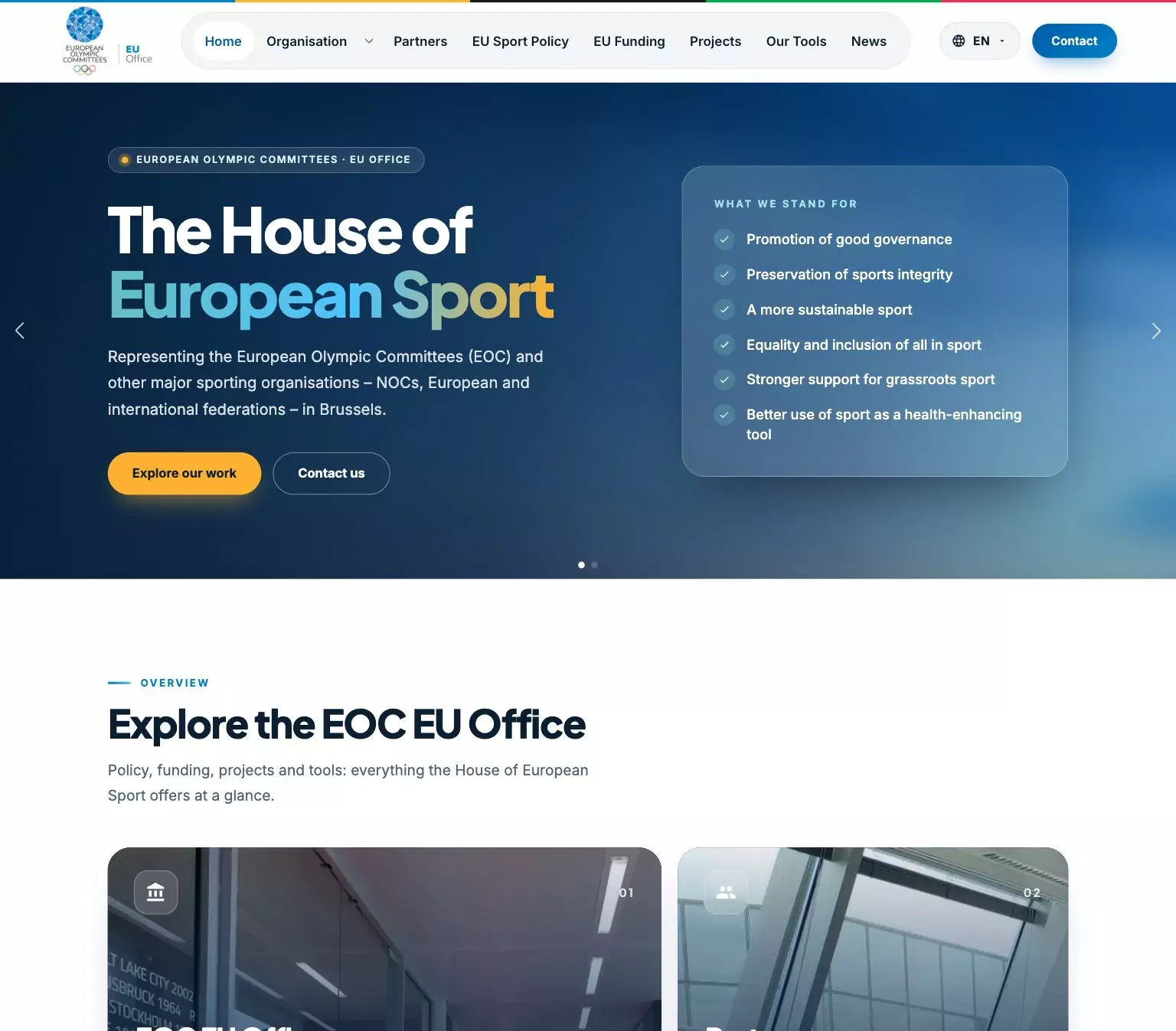 Neue Website für das EOC EU Office in Brüssel: Startseite mit dem Titel The House of European Sport, Webdesign-Referenz von Wolke7Hoch2