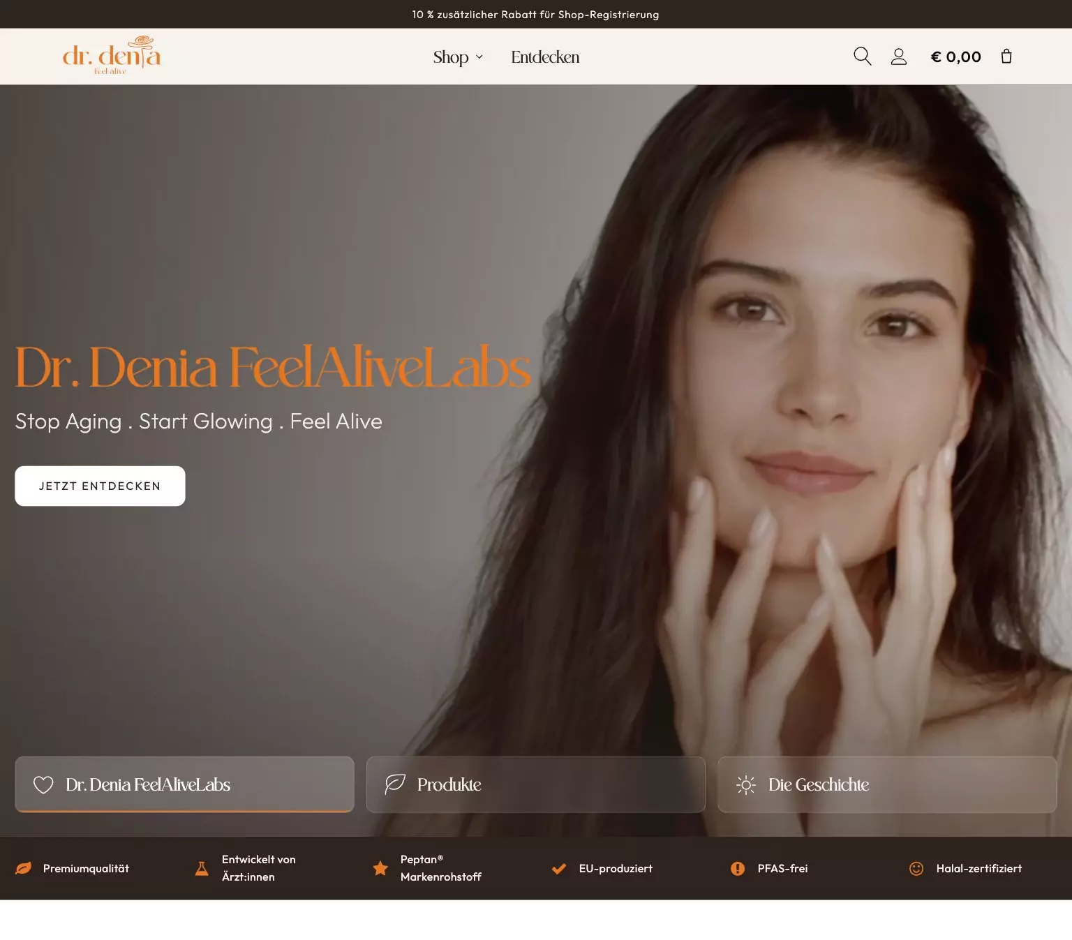 Neuer Onlineshop für Premium Kollagen Pulver: Startseite von Dr. Denia Feel Alive Labs, WooCommerce-Referenz