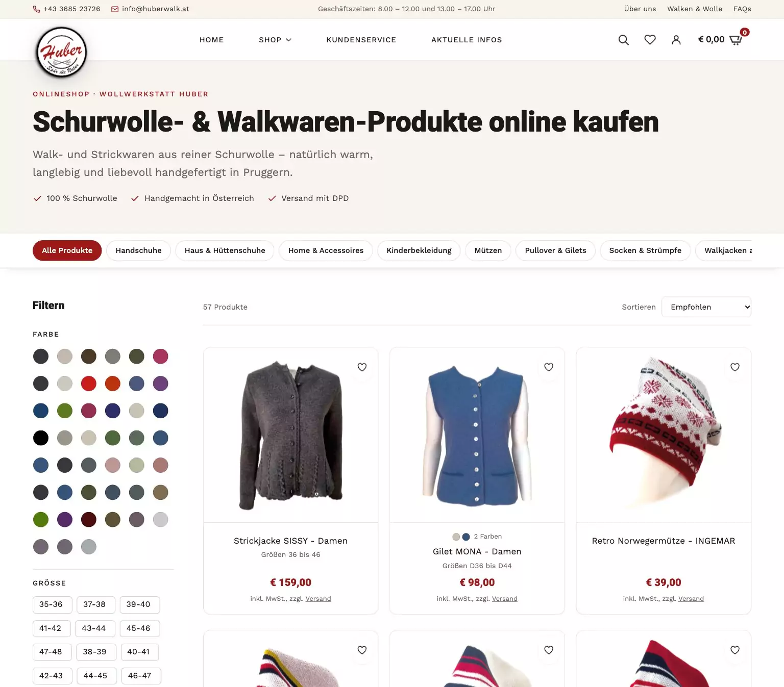 Webshop Schurwolle und Walkwaren: Produktliste mit Filtern, Onlineshop erstellen lassen