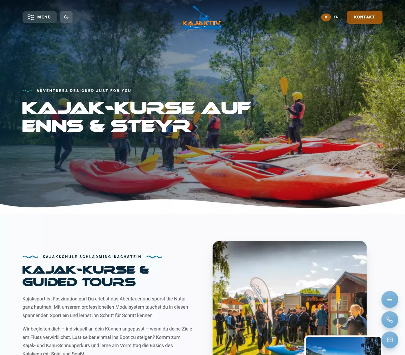 Neue Website für eine Kajakschule in Schladming-Dachstein: Kajak-Kurse auf Enns und Steyr, Webdesign-Referenz Sport und Freizeit