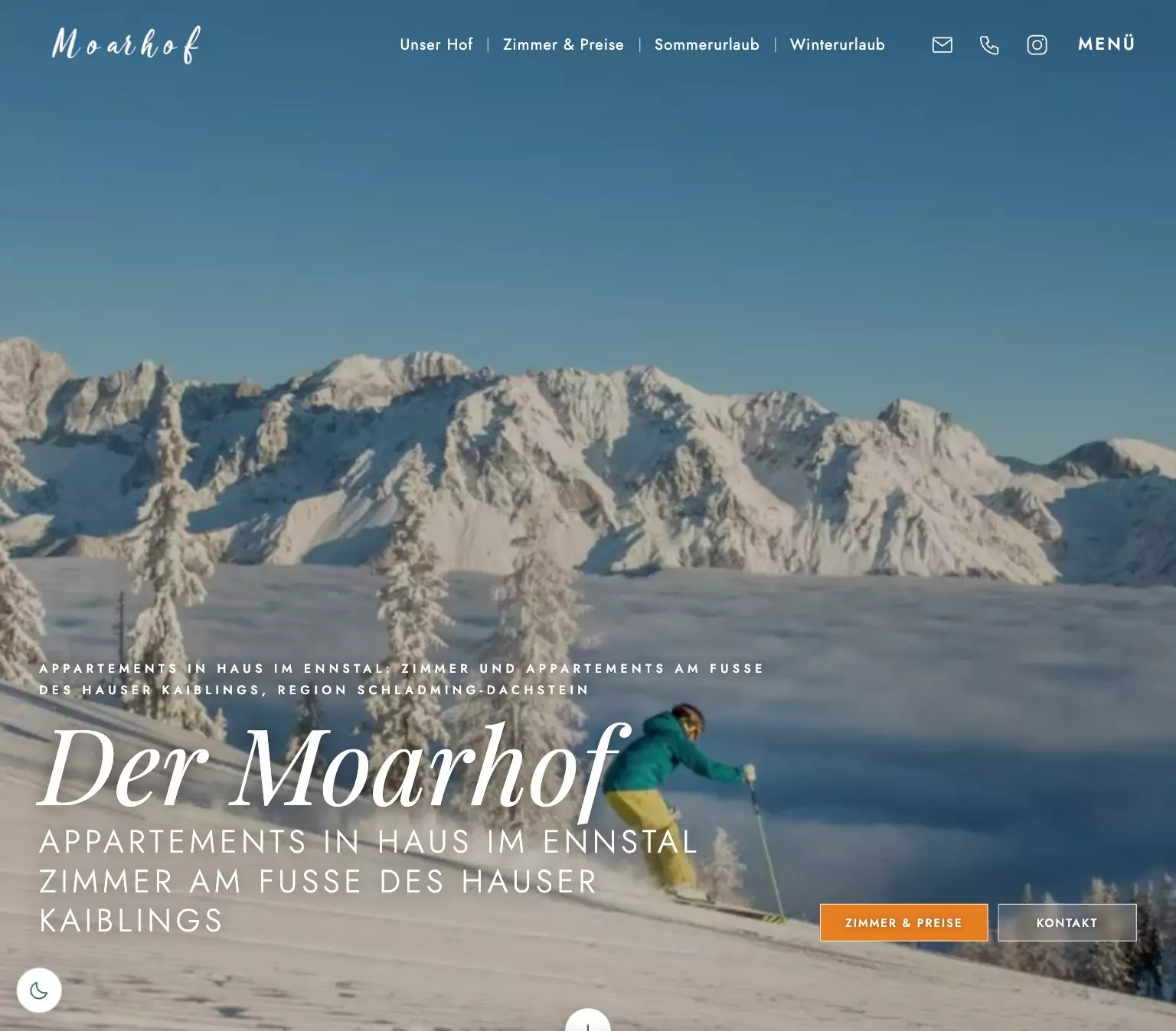 Neue Website für Appartements in Haus im Ennstal: Skifahrer vor Bergpanorama am Hauser Kaibling, Webdesign-Referenz Appartements