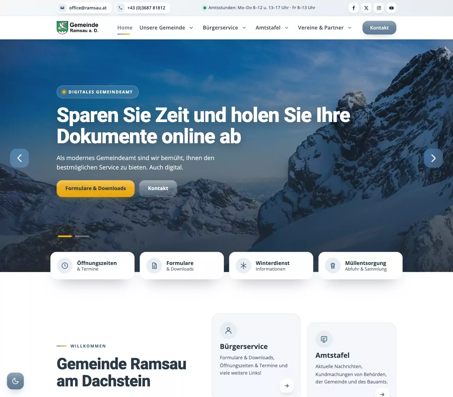 Neue Gemeinde-Website für Ramsau am Dachstein: Online-Gemeindeamt mit Bürgerservice und Formularen, Webdesign-Referenz Gemeinde
